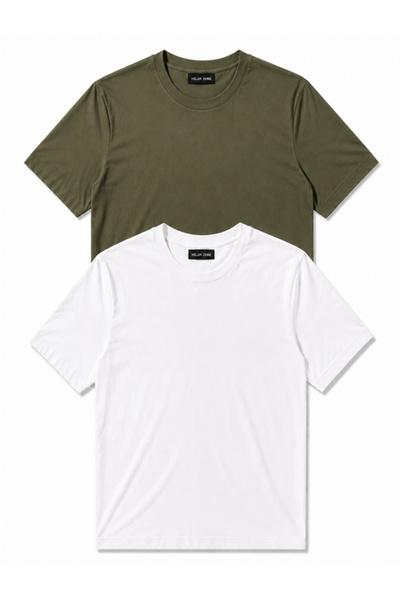 MİLANDORE Set of 2 Men's White-Khaki Cotton Slim Fit Crew Neck Basic T-Shirts