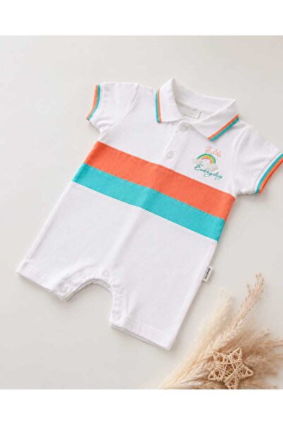 Gökkuşağı Nakışlı Polo Yaka Bebek Tulumu %100 Pamuk