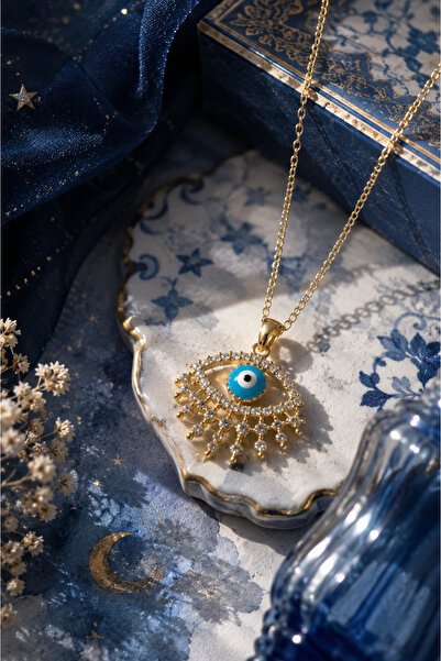 Sylvera Shop Sparkling Eye Steel Necklace with Evil Eye Beads (Gold Color)