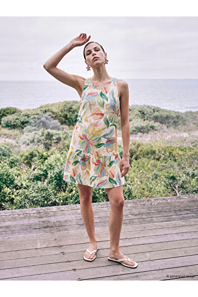 LC Waikiki Mixed Crew Neck Floral Ruffle Mini Dress