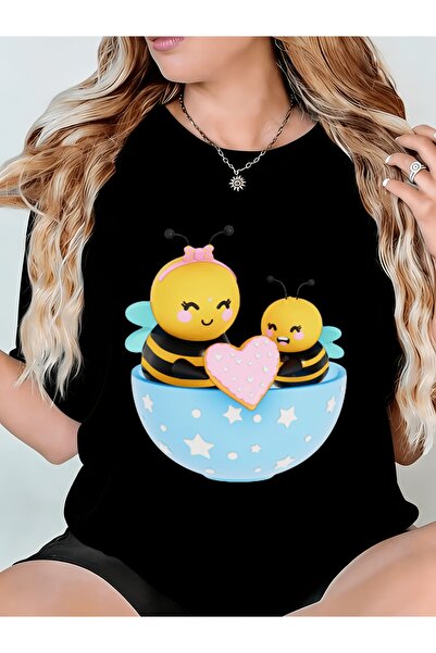 01THEONE Womens Tshirt Cute Bee Couple Holding Heart in Blue Bowl Comfortable...