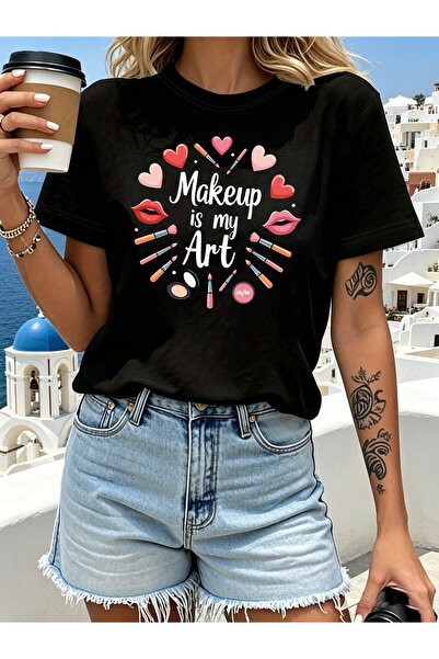 799 تي شيرت مطبوع عليه عبارة "Makeup Is My Art"، قميص كاجوال بأكمام قصيرة ويا...