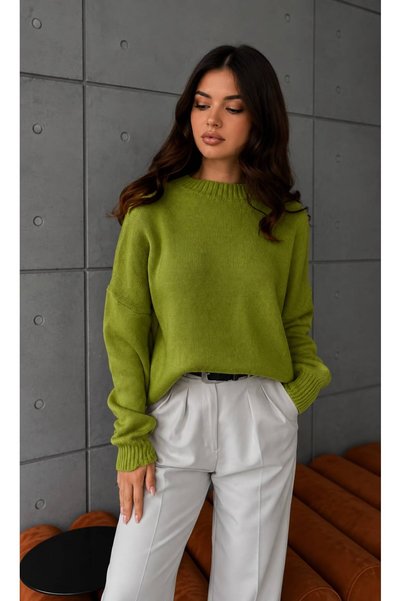 STF MODA Kadın Yağ Yeşili Oversize Triko Kazak - Yumuşak Dokulu Bisiklet Yaka