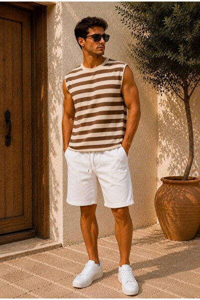 TREND EMMODA Ανδρικό Σετ Ριγέ Βάφλα Κοντό Τοπ και Παντελόνι
