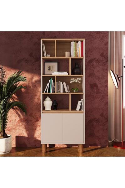 Bimossa W4120 Terra 180 cm Sepet-Kumtaşı Yüksek Ayaklı, Kapaklı Kitaplık, Gen...