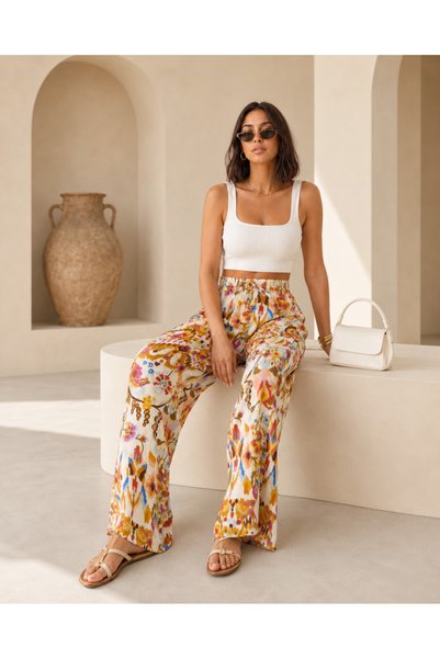 LAPS Women's Summer Ethnic Patterned Wide-Leg Pants with Elastic Waist