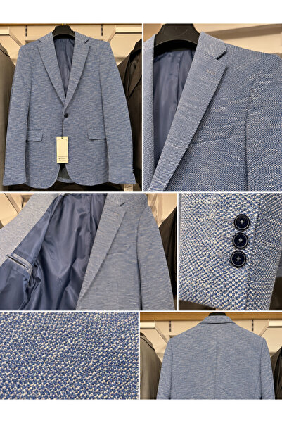 BYMEN ERKEK GİYİM Twenhill Mavi Dokulu Slim Fit Erkek Blazer Ceket – Tek Düğm...