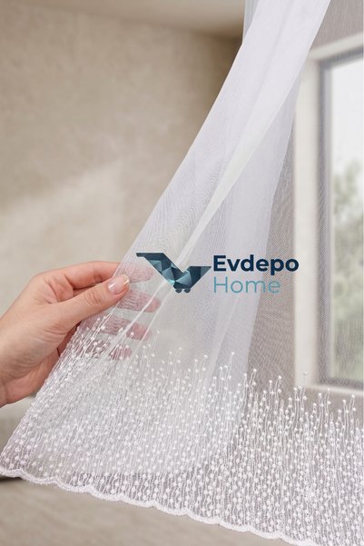Evdepo Home Embroidered Skirt Ecru Non-Iron Honeycomb Top Short Tulle 1 to 3 Dense Pleated Corniche Ready for Living Room / Bedroom