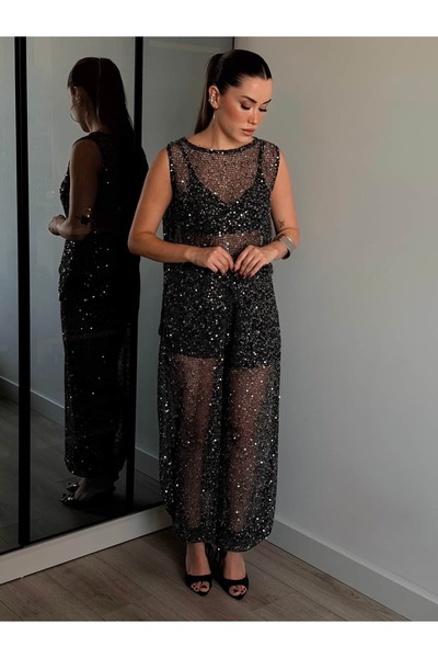 ROUPAS COLLECTİON Pul İşlemeli Transparan Pantolon