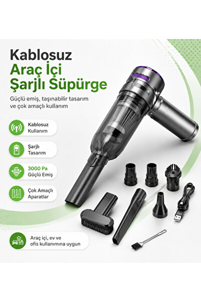 Hil Tech 3000 Pa Güçlü Emiş Kablosuz Araç İçi Şarjlı Süpürge Üfleme ve Şişirm...