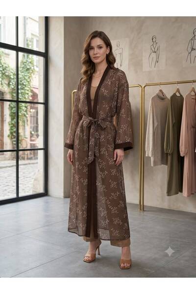 MAESTRO WOMAN Women's Brown Decorated Belted Long Kimono