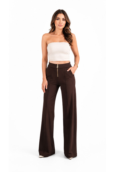 Kadın Yüksek Bel Fermuar Detaylı Wide Leg Geniş Paça Palazzo Kumaş Pantolon