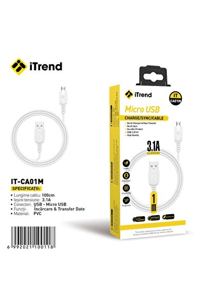 itrend Cablu USB-A la Micro USB iTrend, 1 m, Încărcare Rapidă 3.1A, PVC, Alb