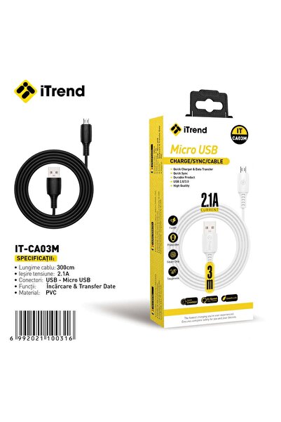 itrend Cablu USB-A la Micro USB iTrend, 3 m, Încărcare Rapidă 2.1A, PVC, Negru