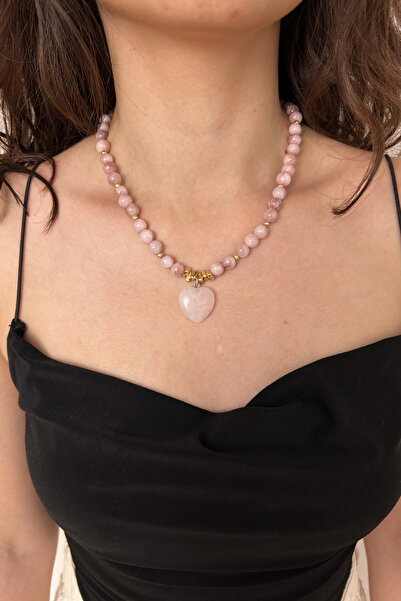 Suerte Accessories Pembe Kuvars Doğal Taş Kalp Uçlu Özel Tasarım El Yapımı Ka...