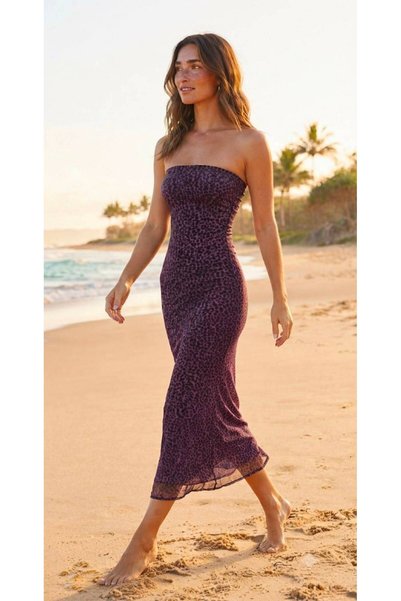 Linich&Co Strapless Leopard Patterned Lined Stretch Fabric Bodycon Midi Dress