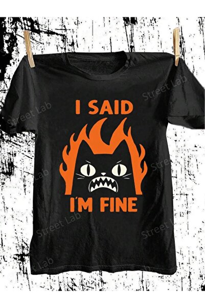 KYMC07 Men's Vintage Flame Cat & "I'm Fine" Slogan T-Shirt - Retro Rebellious...