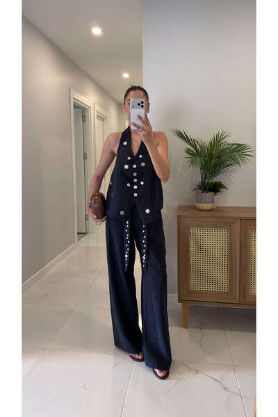 BİRCANÇİL Lorea Navy Blue Halter Neck Vest and Trousers Set with Button Detail