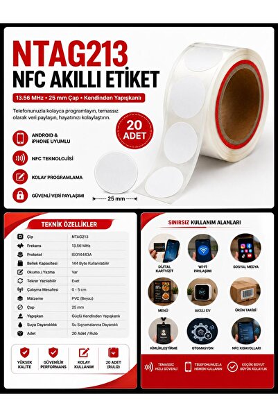 DORNEX ELEKTRONİK NTAG213 NFC KODLANABİLİR KİLİTSİZ YAPIŞKANLI 25MM AKILLI ET...