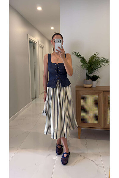 BİRCANÇİL Cs Sitran Ecru Navy Blue Striped Skirt