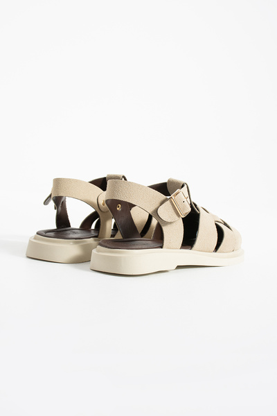 BURCU COLLECTİON Sofi̇a Beige Suede Women's Sandals with Adjustable Ankle Clasp Detail