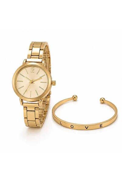NEVAR Women's Wristwatch & Gold Bracelet Set - 2Pcs Stylish and Elegant Desig...