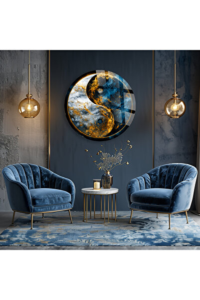 TAULART Unbreakable Glass Table, Round Yin Yang Blue Gold Marble Pattern Mode...