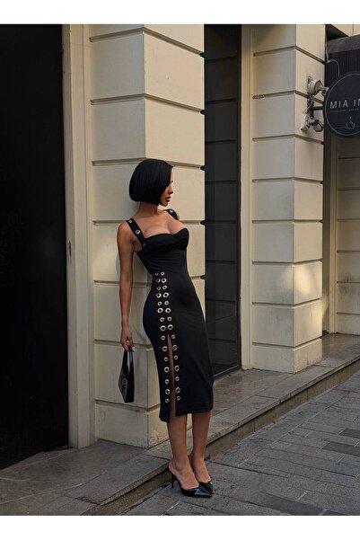 Friday Mood Rochie midi de damă cu detaliu tip ochiuri și șliț