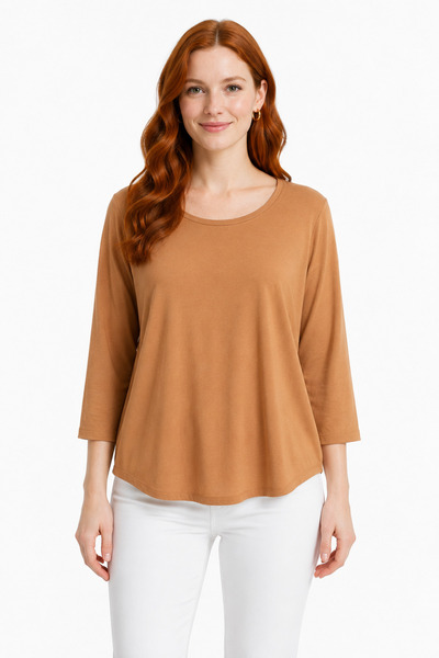 Neden Tekstil Women's Basic Round Neck Brown 3/4 Sleeve Blouse