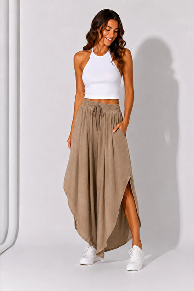 MetuCA Women's Beige Linen Slit Double Breasted Bohemian Pinterest Wide Leg S...