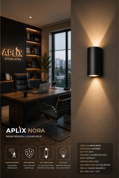 Aplix NORA Radar Sensörlü Duvar Apliki AP-0406 S | İç & Dış Mekan | Çift Yönl...