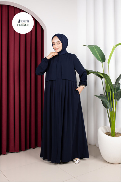 Işıltı Ferace Medina Silk Azra Ferace with Pocket Detail (Navy Blue)