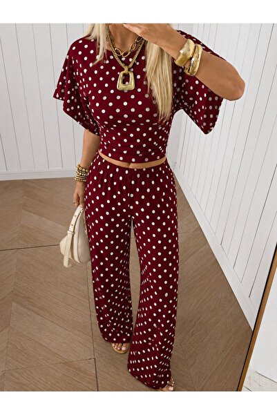 WEEST MODA Women's Polka Dot Two-Piece Set Crop Blouse Wide-Leg Pants Comfort...