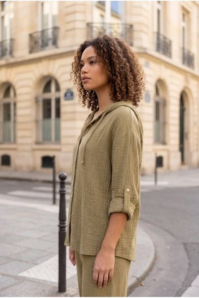EGE OTANTİK BULDAN Women's Hooded Muslin Shirt Oversize Relaxed Fit 100% Cotton - Olive Green