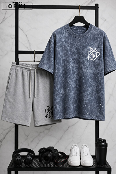 EFFRENATU Nazik Ol Printed Cotton Fabric Unisex T-Shirt-Grey Shorts Set
