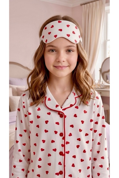 Enie Girl's Cotton Heart Patterned Sleepwear Set with Sleeping Glasses
