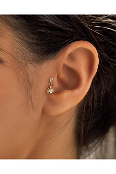 ArzaCollection Paslanmaz Çelik Zirkon Taşlı Sallantılı Taç Gold Tragus Küpe P...