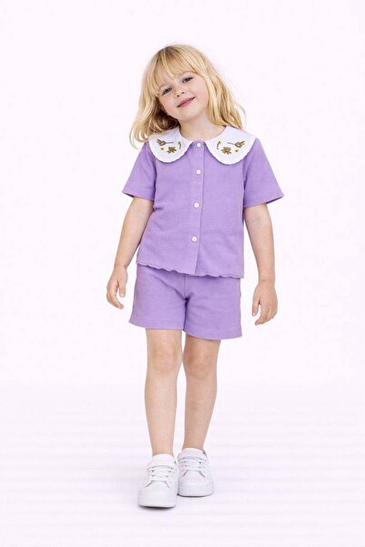 YİGİT BUTİK Set de pantaloni scurți și camisolă cu nasturi, cu broderie flora...