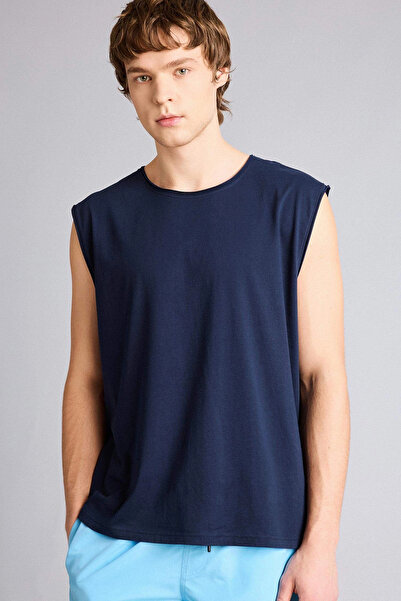 DeFacto C7205Axnv256 Navy Blue 100% Cotton Boxy Fit Crew Neck Basic Undershirt