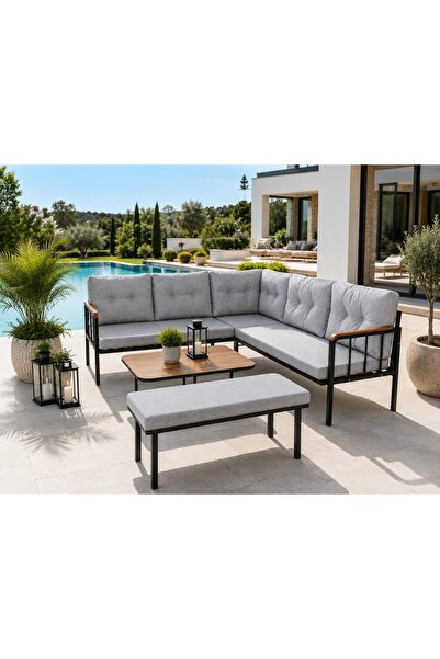 LİLACAM DESİGN LİLACAM Luna Metal Bahçe Balkon Köşe Takımı Siyah Boyalı İskel...