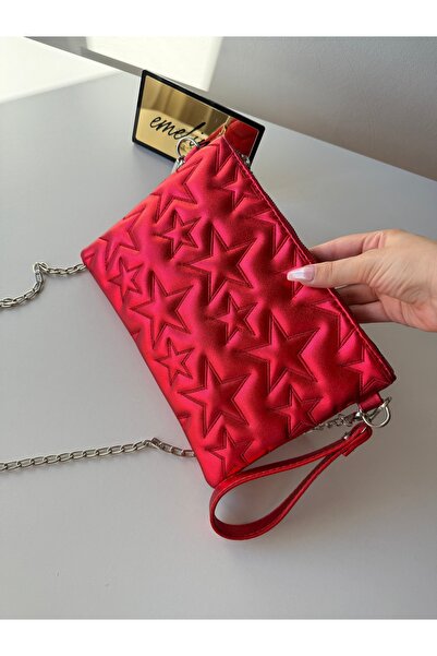 emelimin Women's Red Star Embroidered Patterned Zippered Strap Evening Bag an...