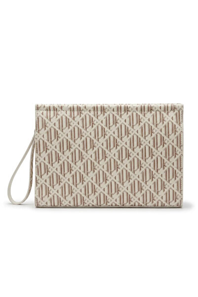 Tasarım Kadın Krem Monogram Desenli Clutch El Çantası Şık Portföy Çanta