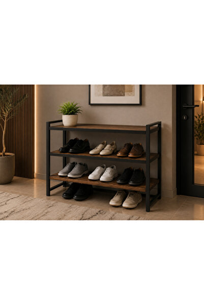 3 Katlı Metal Ayakkabılık 90x70x30 cm | Metal Gövde | Ahşap Raflı | Siyah