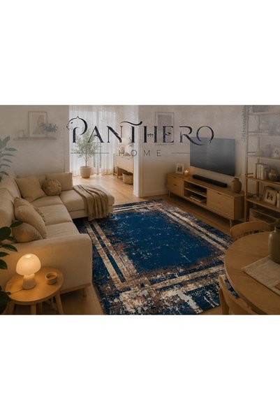 Panthero Home Lacivert Bej Eskitme Çerçeve Desenli Kaymaz Taban Süngerli Yıka...