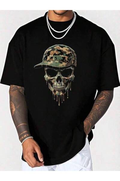 Astogria13 Blend Multi-Color Camo Skull Print Street Style Men Crew Neck Shor...