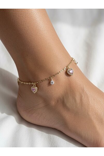 Lisse.co Non-Tarnishing Pink Heart Zircon Stone Steel Anklet