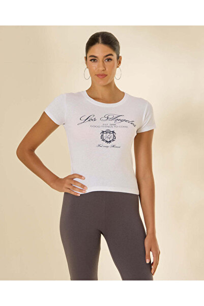 REDTAG Women White Printed Rib T-Shirt