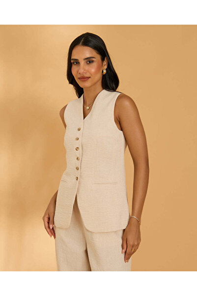 REDTAG Women Beige Linen Waistcoat