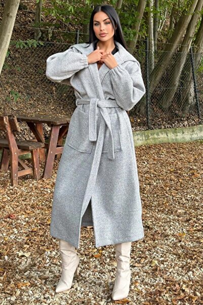 Moda4x4 Women's Clothing Gray Pocketed, Balloon Sleeve, Belted, Thick Knitwea...