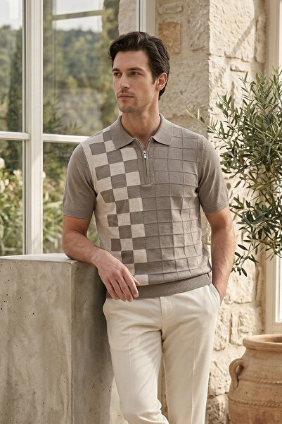 Slim Fit Erkek Triko Polo T-Shirt Bej